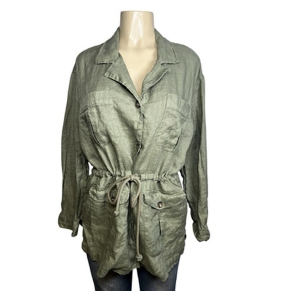 Magaschoni Jacket Womens Large Green Linen Drawstring Waist‎ Utility Pockets